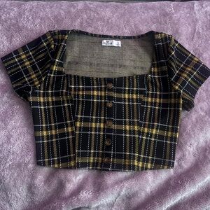 Plaid Faux Button-Up Crop Top